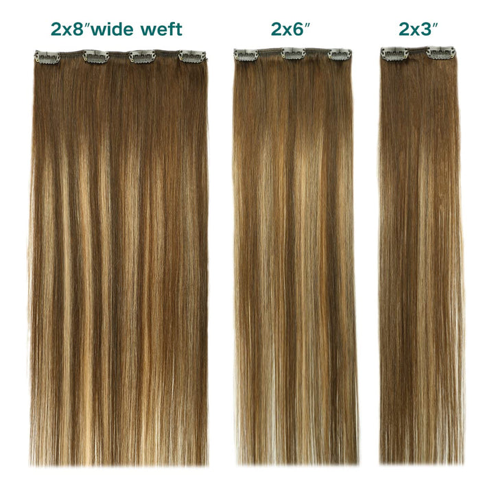SURNEL Haarverlängerung Echthaar Clip 6pcs/120g Balayage Dunkelbraun mit Karamellblond Echthaar Exte