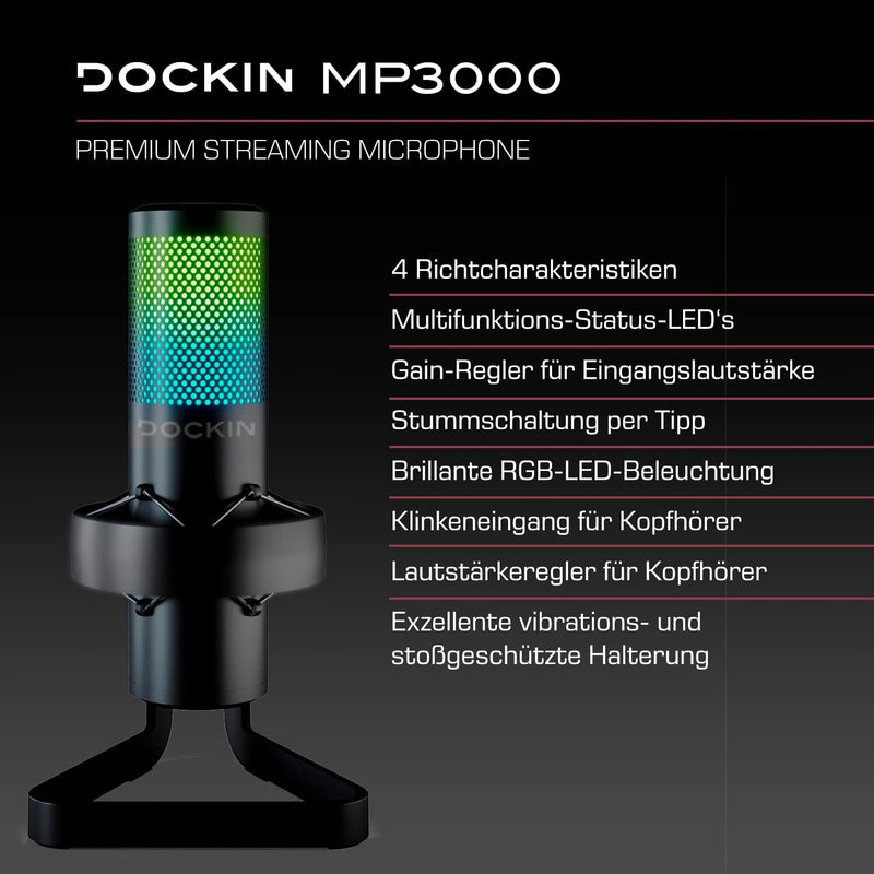 DOCKIN® MP3000 Kondensator Mikrophon für PC, Gaming, Podcast & Streaming - USB Standmikrofon für Auf