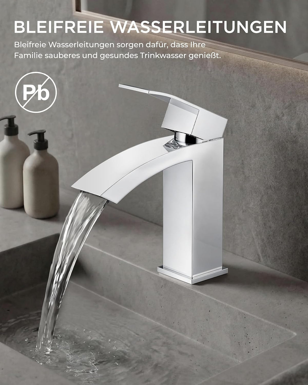 FORIOUS Wasserhahn Bad mit Ablaufgarnitur, Wasserfall Waschtischarmatur mit Auslauf Höhe 100 mm, Mis