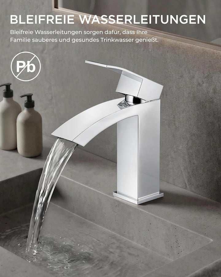 FORIOUS Wasserhahn Bad mit Ablaufgarnitur, Wasserfall Waschtischarmatur mit Auslauf Höhe 100 mm, Mis