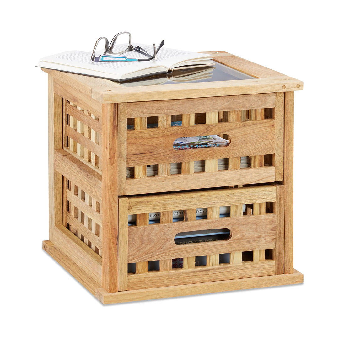 Relaxdays Beistelltisch Walnuss, quadratischer Nachtschrank aus Naturholz mit 2 Schubladen, HBT: 34