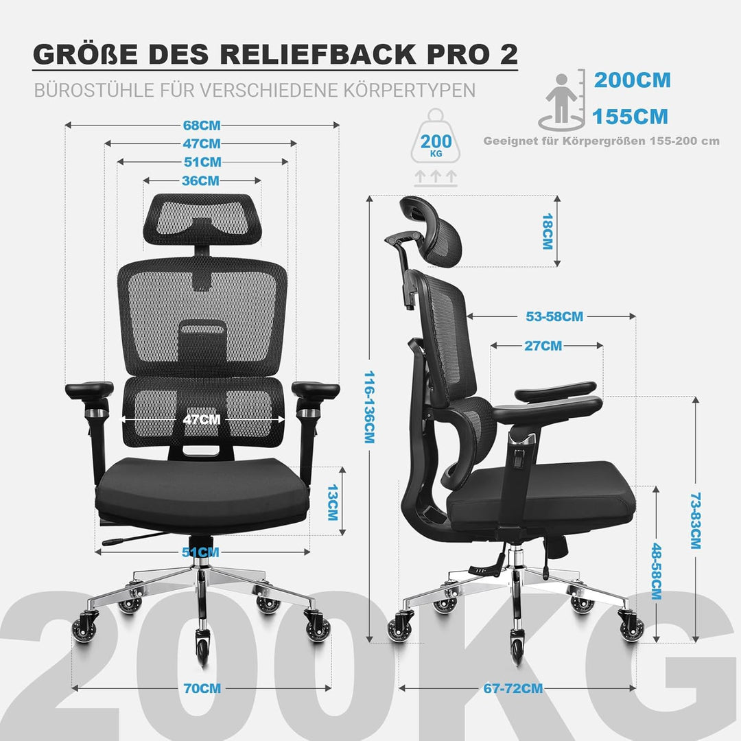 MELOKEA Bürostuhl Ergonomisch 200KG | 7D-Armlehnen | 6P Verstellbare Rückenlehne | Leises Gummirolle