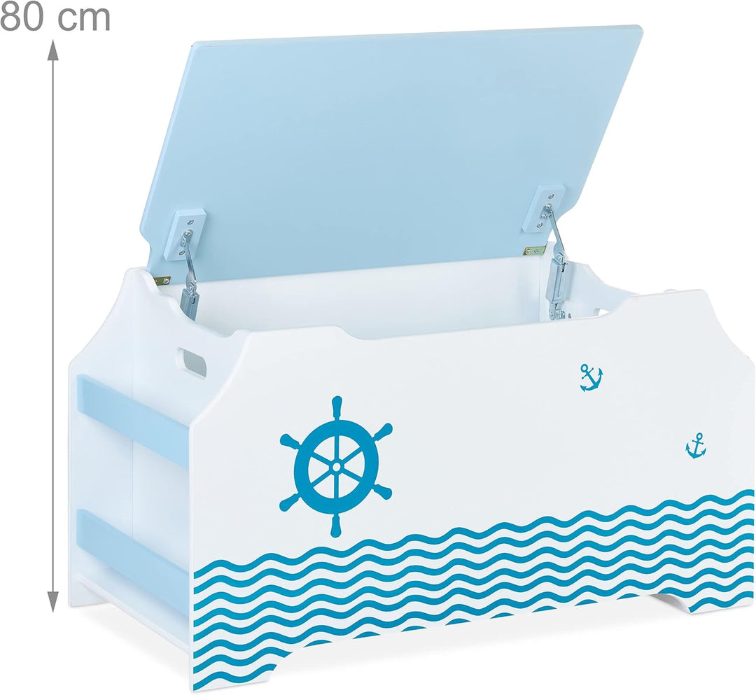 Relaxdays Spielzeugtruhe Seemann, Spielzeugkiste mit Deckel, HBT: 46 x 84 x 42,5 cm, Bücherfach, Spi