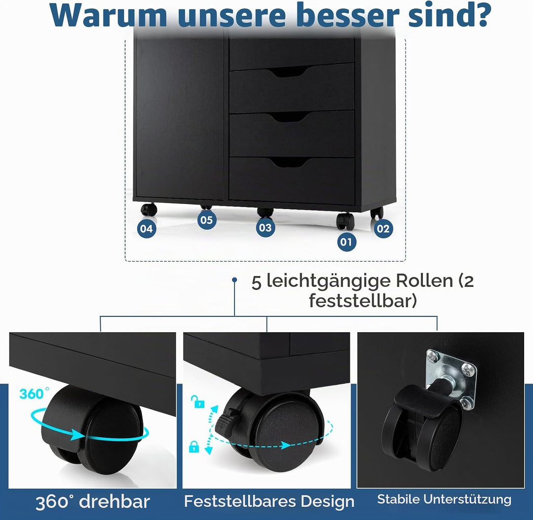 KOMFOTTEU Aktenschrank mit Rollen, Rollcontainer mit 5 Schubladen, Schubladenschrank Bürocontainer D