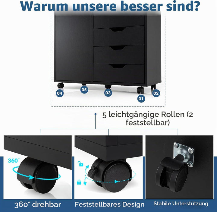 KOMFOTTEU Aktenschrank mit Rollen, Rollcontainer mit 5 Schubladen, Schubladenschrank Bürocontainer D