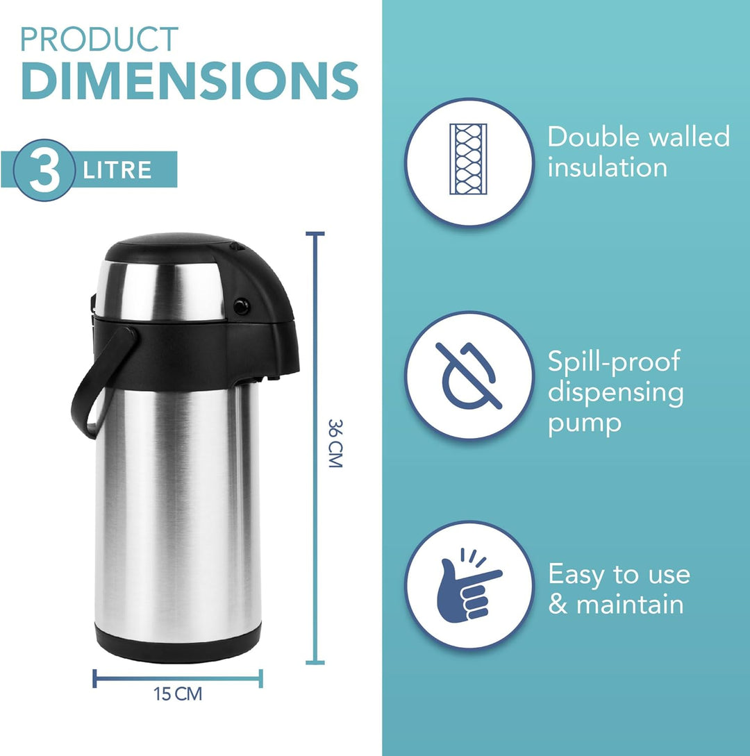 Wärmflasche - 3L Edelstahl Airpot Pumpe Action Flasche Doppelwandige Isolierung, Auslaufsicher
