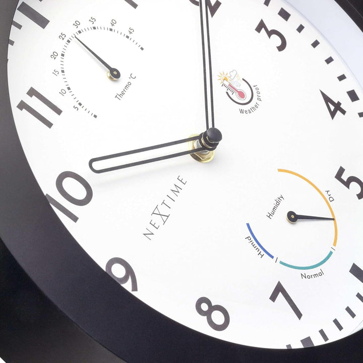 NeXtime Wall Clock (Garden/Inside) 25,5 cm-Time/Temp/Humidity-Black-Plastic Daisy, One Size
