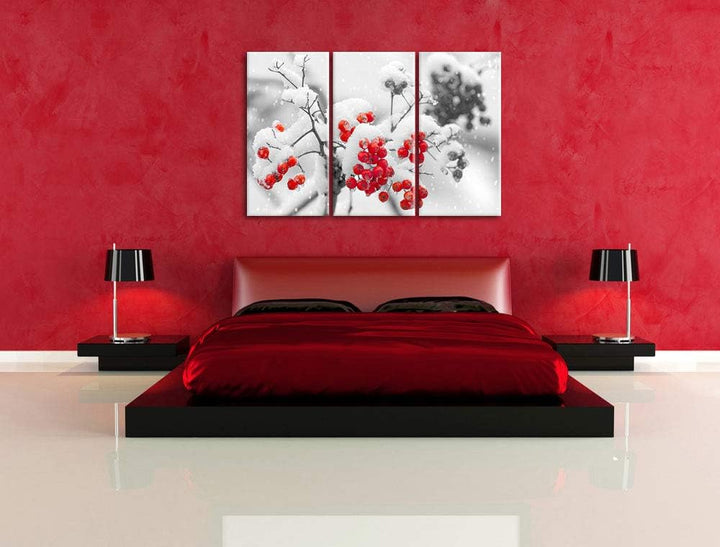Rote Vogelbeeren im Winter schwarz/weiss 3-Teiler Leinwandbild 120x80 Bild auf Leinwand, XXL riesige
