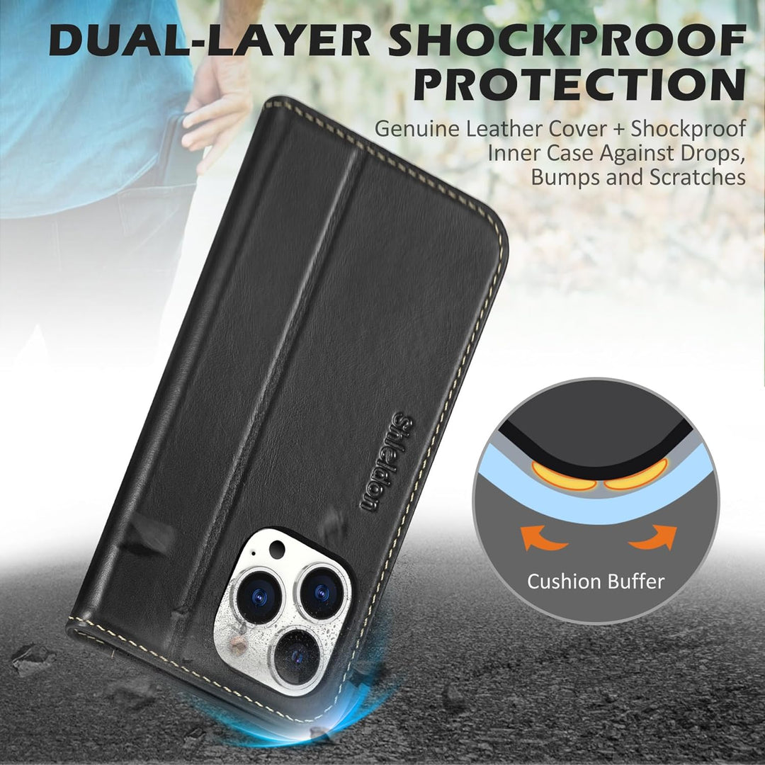SHIELDON Hülle für iPhone 15 Pro Max, Stossfeste Schuzhülle [Echtleder] [Kartenfach] [Stand] [Verdic