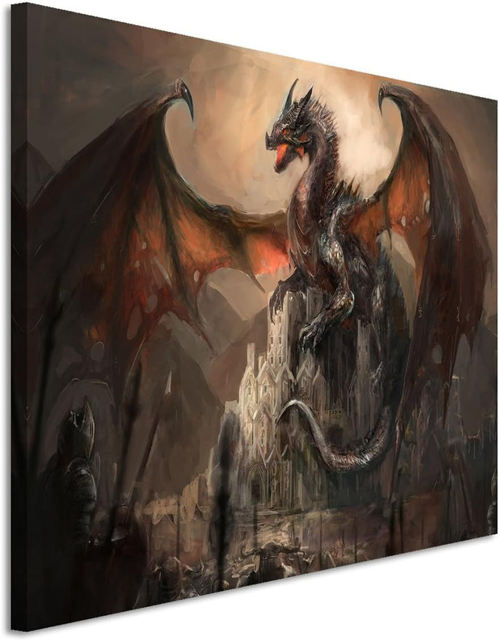 Paul Sinus Art 120x80cm Leinwandbild auf Keilrahmen Ritter Drachen Kampf Dunkelheit Fantasy Wandbild
