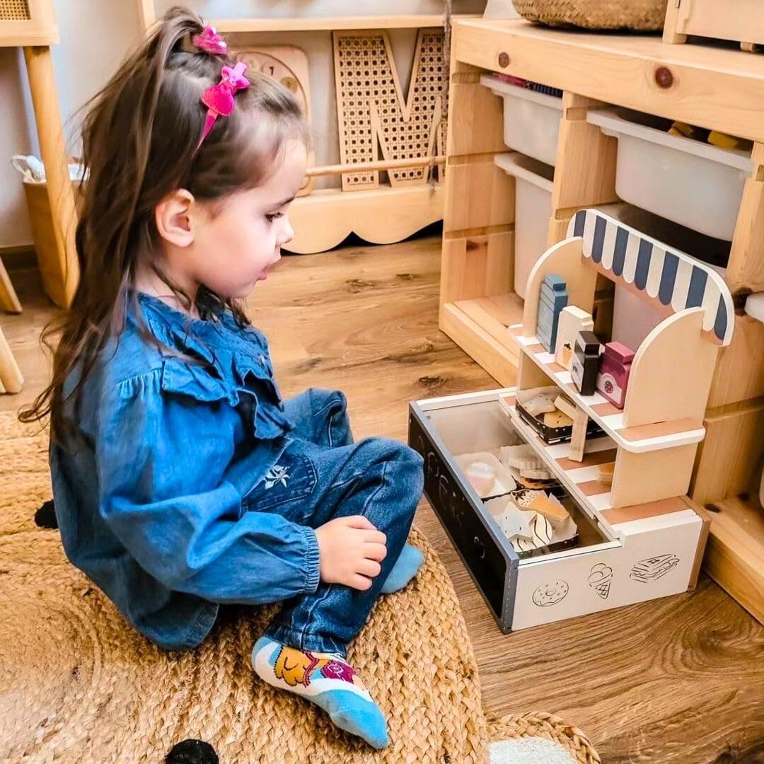 Mamabrum Holz-Konditorei für Kinder - Klappbarer Café-Laden mit Zubehör, Rollenspiel-Set für kreativ