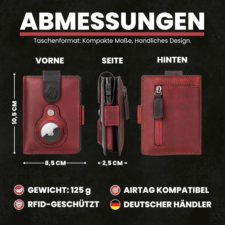 Will Fire® AirTag Wallet | Inkl. Airtag Anhänger | Leder Geldbörse mit Münz- &amp; Scheinfach | Extra ge