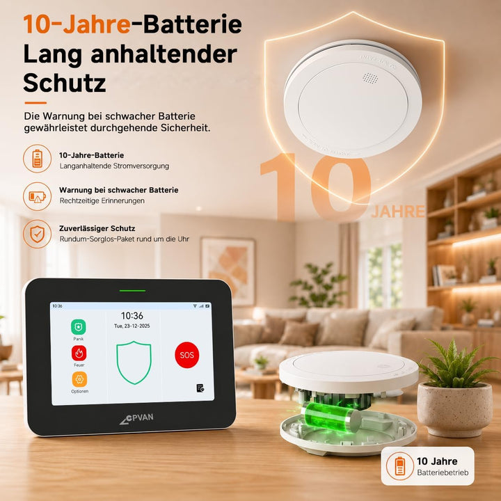 CPVAN GSM + WiFi Smart Rauchmelder Vernetzt 10 Jahre Batterie mit 7" Touch Screen 110dB Zentralpanel
