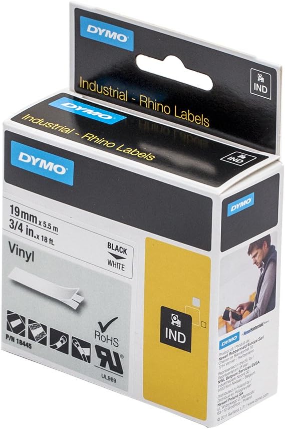 5x Dymo 18445 Rhino Vinyl Industrie Etiketten, wei selbstklebend 19mm X 5,5m Rolle, schwarz Druck au
