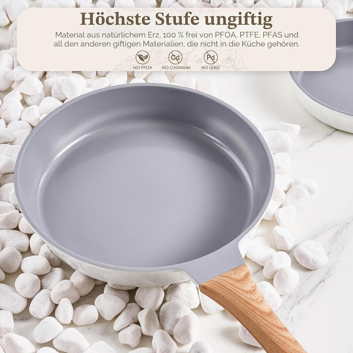 RIOVARM Keramik Antihaft beschichtung Bratpfannen-Set Induktion Pfannenset 20cm 24cm 28cm mit Holzma