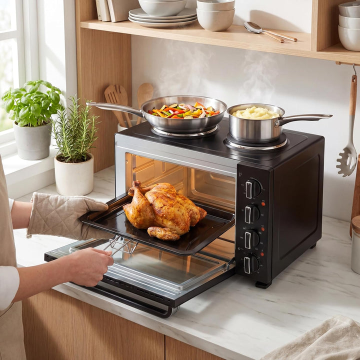 Tristar Heissluftofen mit 2 Kochplatten, 35 L Kapazität, 3200 W, Stahlgehäuse, kompakte Miniküche fü