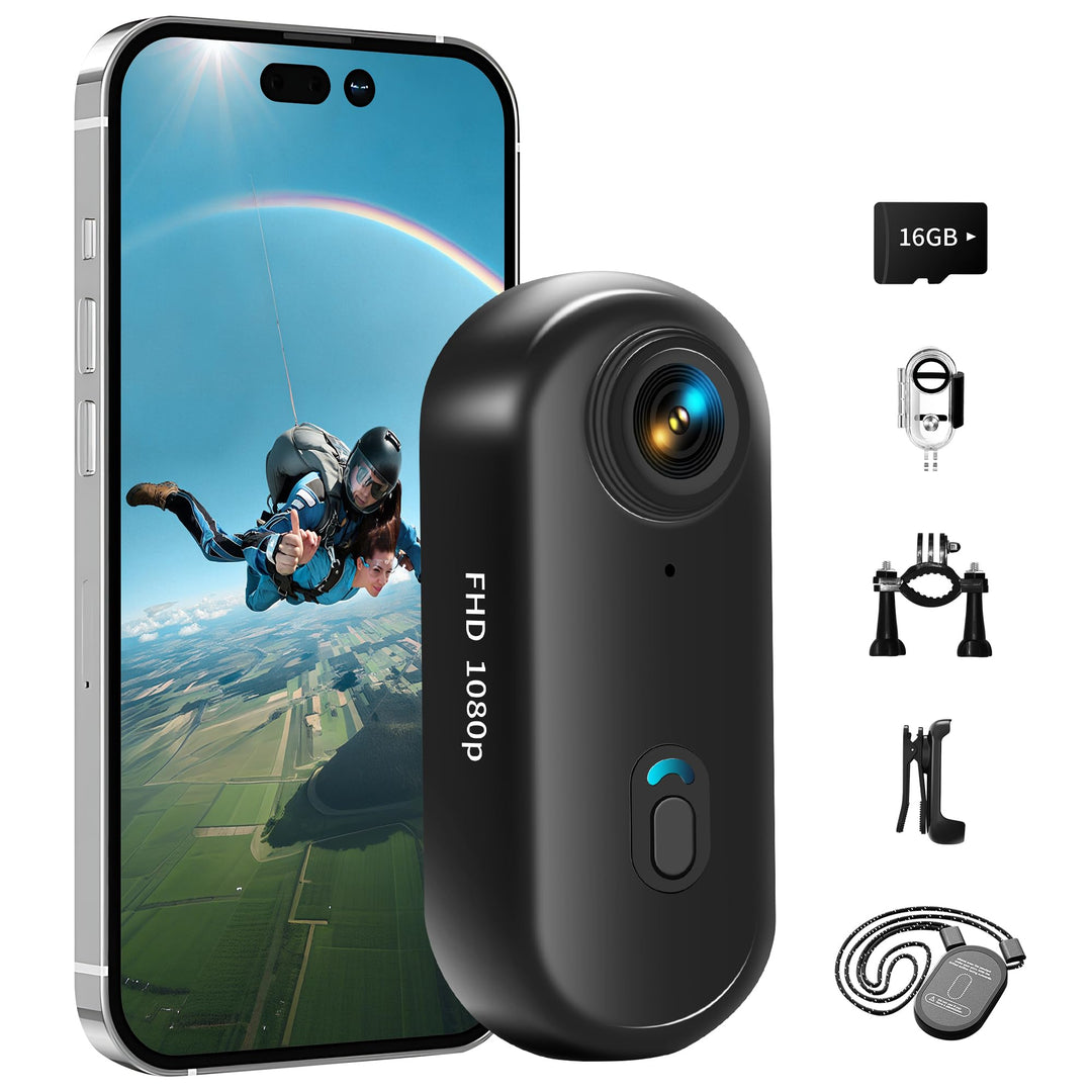 Action Cam 1080P und 16 GB Speicherkarte Mini Unterwasserkamera Wasserdicht bis 30M, 360° Helmkamera