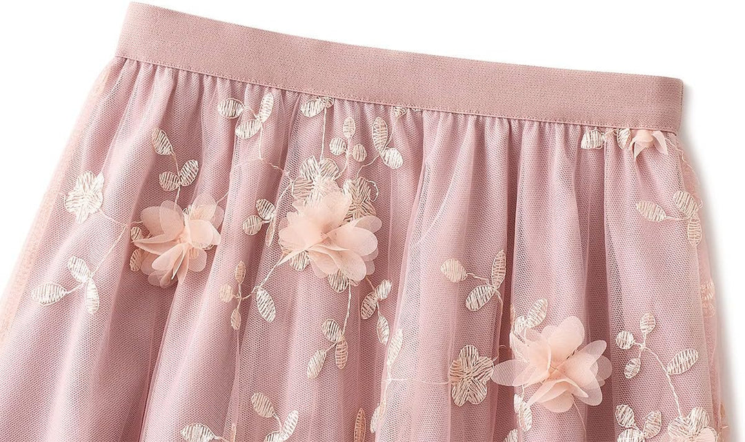 Odizli Tüllrock Damen Lang Elegant Vintage Blume Stickerei Elastisch High Waist A Linie Swing Midi R