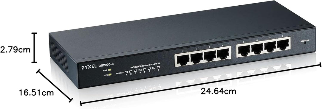 ZyXEL 8-Port Gigabit Switch | Smart Managed | Desktop/Rackmontage und lüfterloses Design | VLAN, IGM