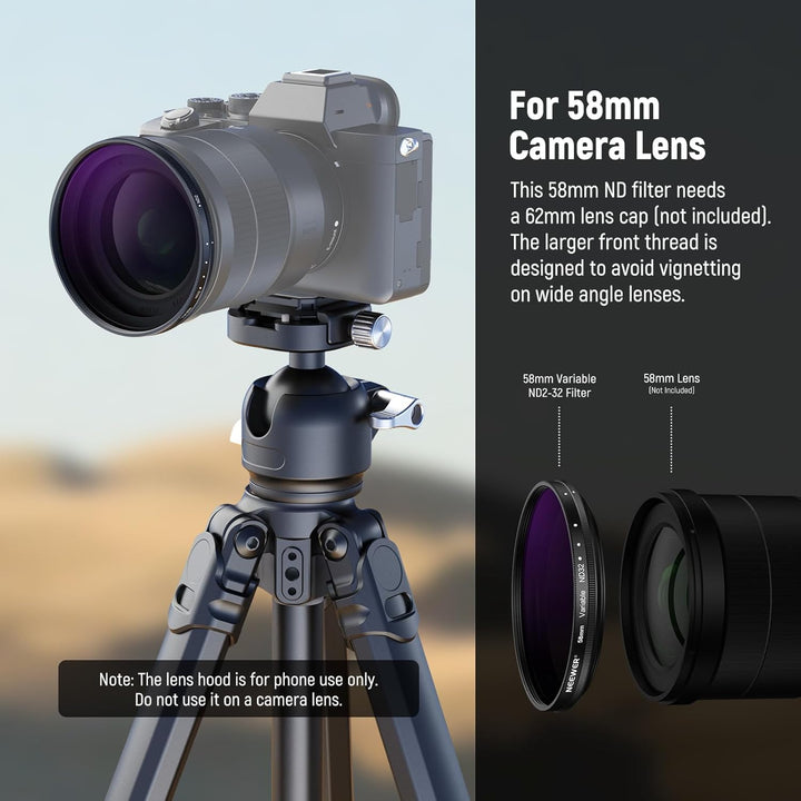 NEEWER 58mm Variabler ND Filter mit 62mm Gegenlichtblende, ND2-32 1-5 Stops Einstellbarer Graufilter