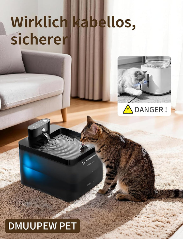 Katzenbrunnen, 2,2 L, kabellos mit LED, Bewegungsmelder, leise Pumpe 30dB, Batterie 2600mAh, Premium