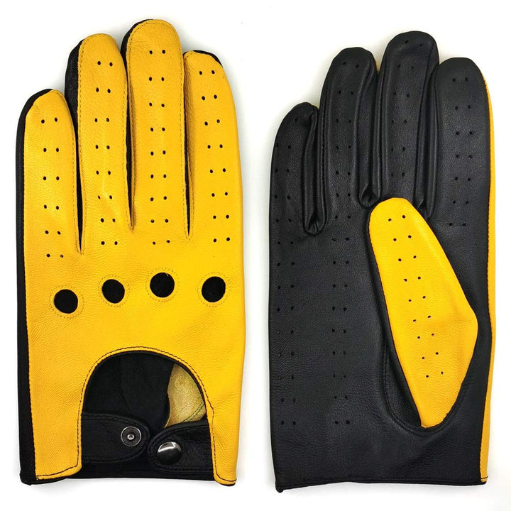 Herren Luxus 100% Schaffell Fahrhandschuhe-Weiches hochwertiges Leder Large(22.9-24.1cm) Schwarz&Gel