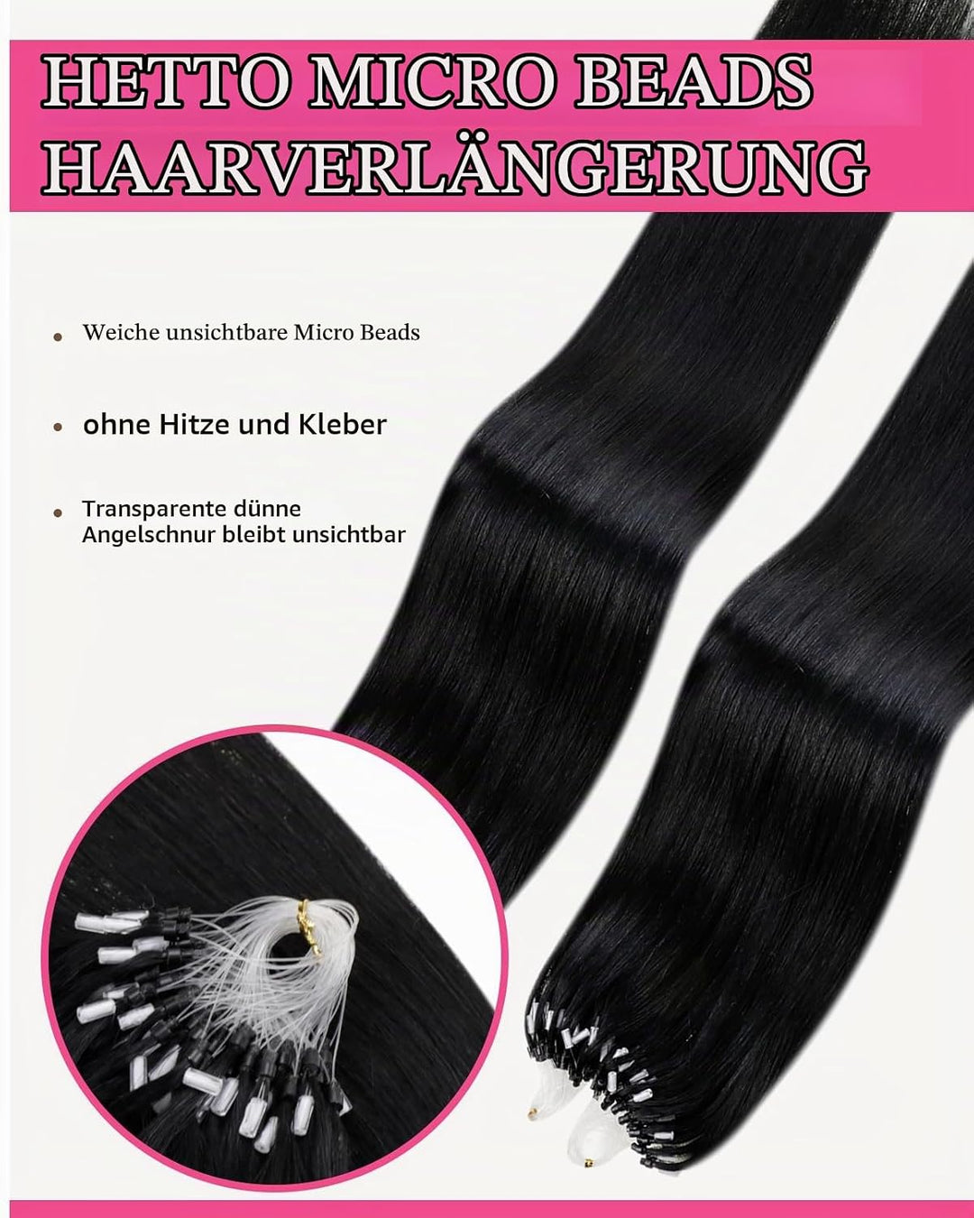 Hetto Microring Extensions Echthaar Schwarz 55CM Haarverlängerung Micro Loop Extensions Remy Extensi