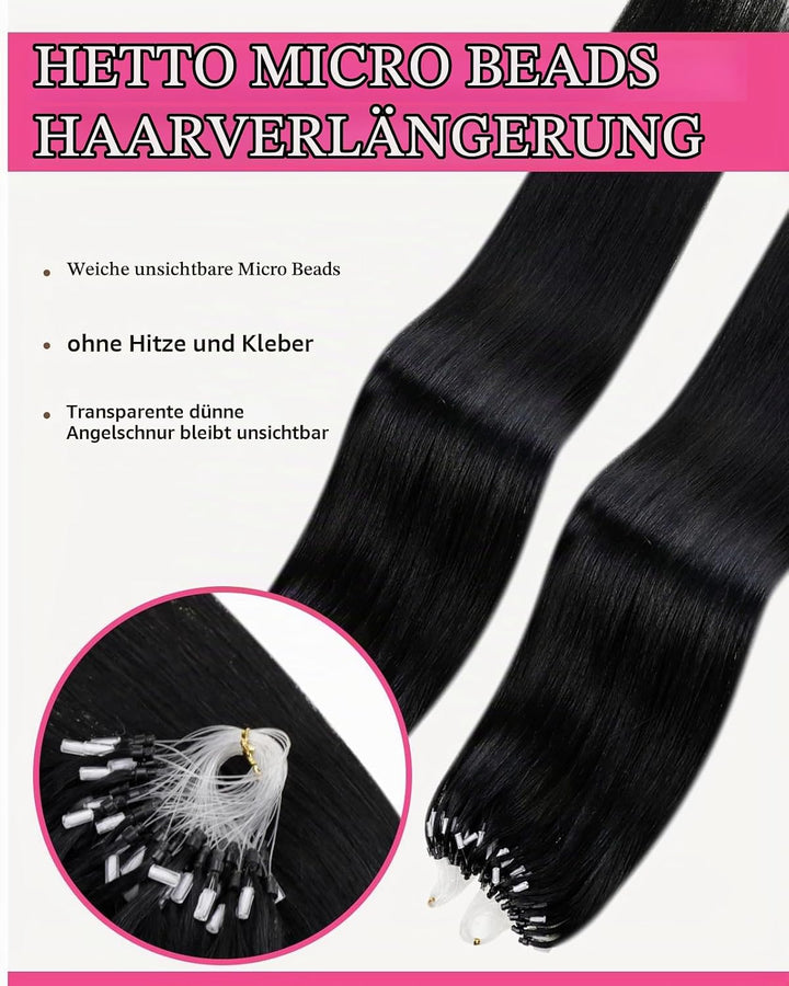 Hetto Microring Extensions Echthaar Schwarz 55CM Haarverlängerung Micro Loop Extensions Remy Extensi