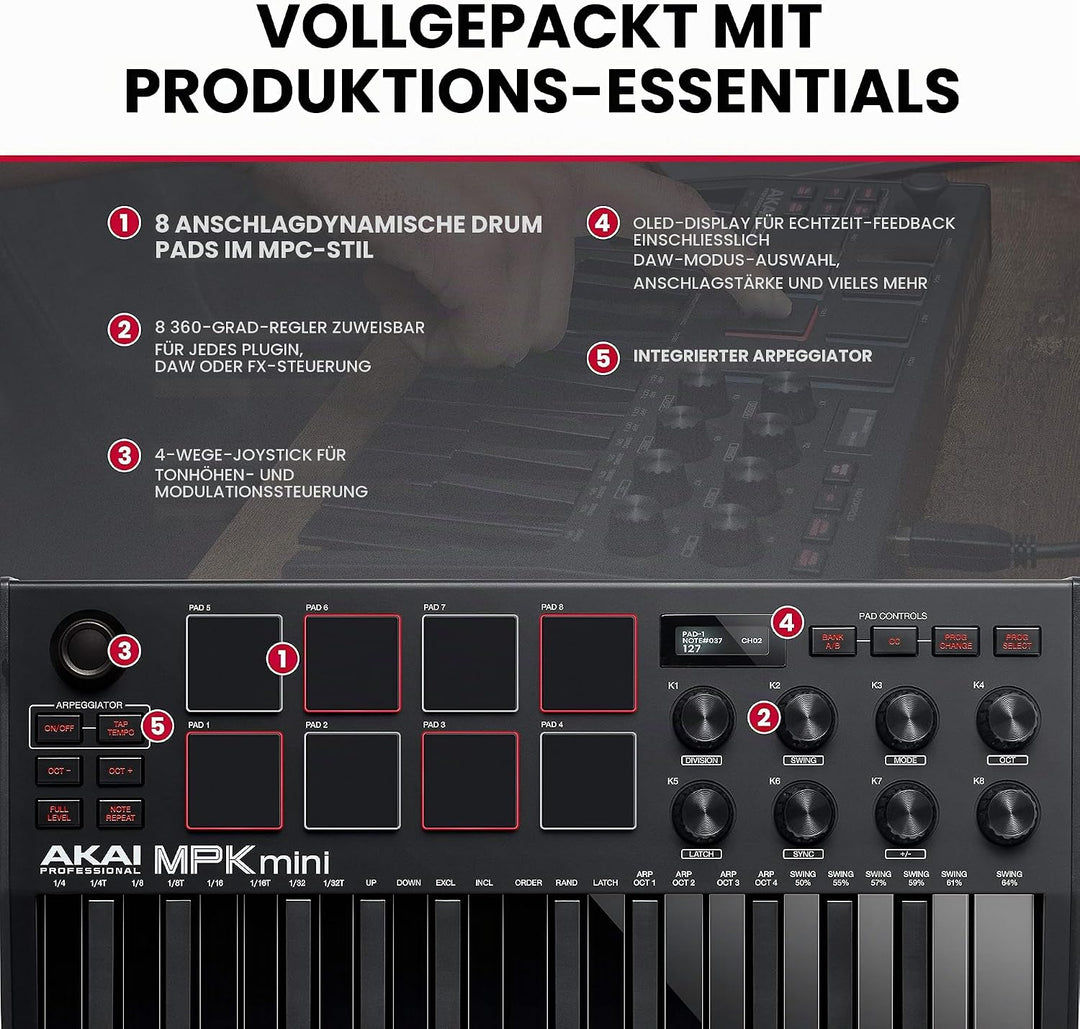 AKAI Professional Midi Controller + Sustain Pedal Bundle - MPK Mini MK3 Black USB-MIDI-Keyboard Cont