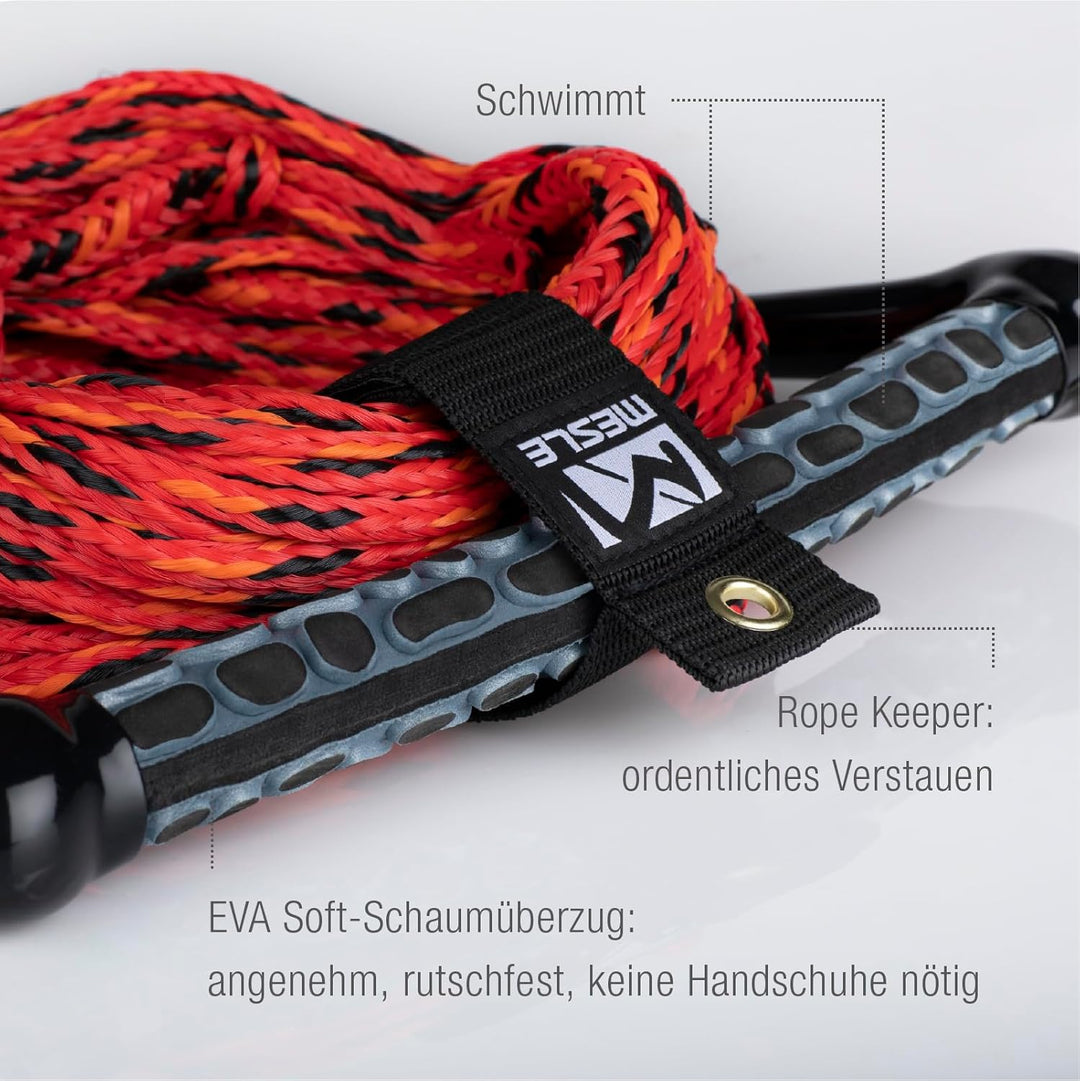 Mesle Wasserski und Wakeboard-Leine Ergo, Länge 23m Zug-Seil mit Hantel Griff rot, rot