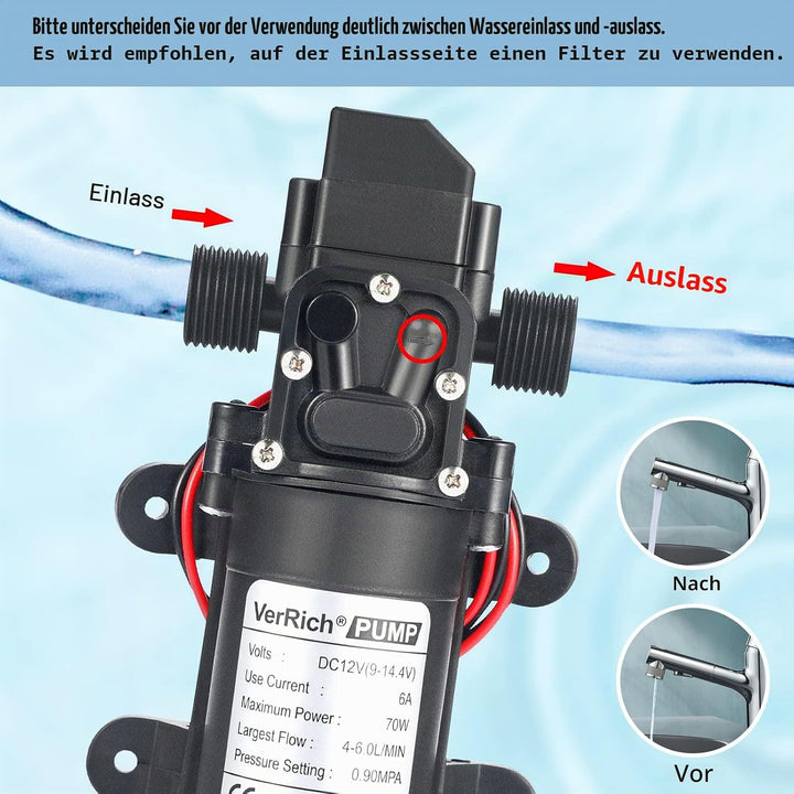 VerRich Membranpumpe, 12V Wasserpumpen 70W Selbstansaugende Pumpe 6 L/Min 0.9MPA 131 PSI mit Drucksc