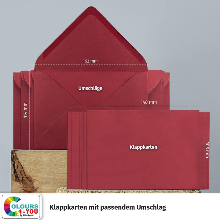 100 Klappkarten mit Umschlägen Set Dunkelrot - DIN A6 Blanko Doppelkarten 14,8 x 21 cm (160 g/m²) -