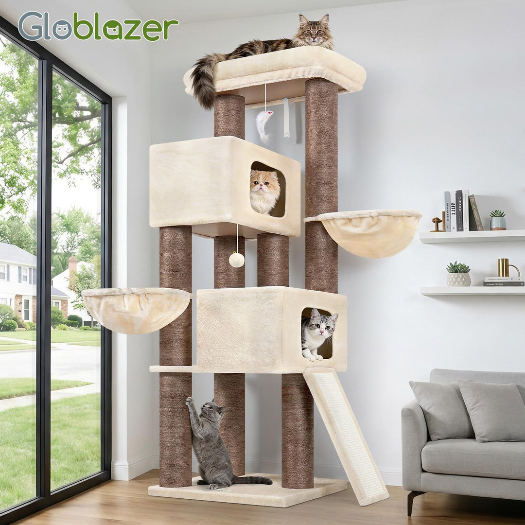 Globlazer Beige Kratzbaum Dicke Stämme 11CM für Grosse Katzen mit 2 Extragross Katzenhaus 50*35*30cm