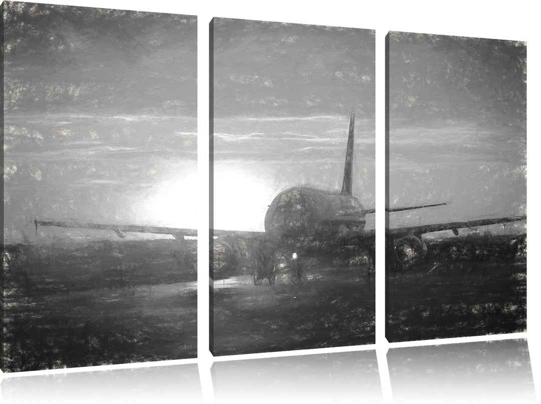Pixxprint Flugzeug im Sonnenuntergang 3Teiler 120x80 cm Leinwandbild Wandbild Kunstdruck