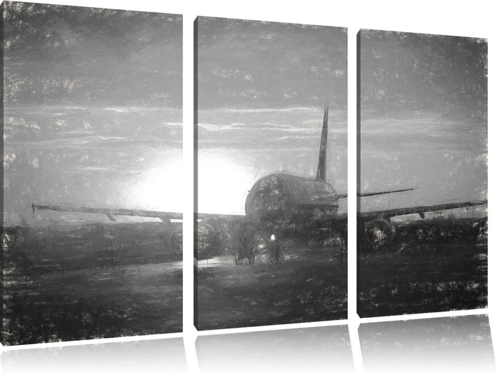 Pixxprint Flugzeug im Sonnenuntergang 3Teiler 120x80 cm Leinwandbild Wandbild Kunstdruck