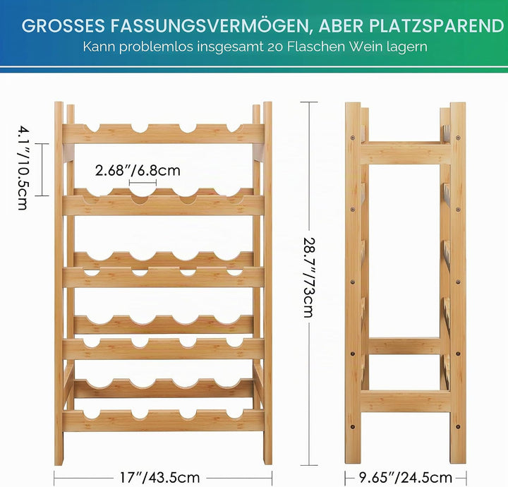 SMIBUY Bambus-Weinregal, 20 Flaschen-Display-Halter, 5-stöckige freistehende Lagerregale für Küche,