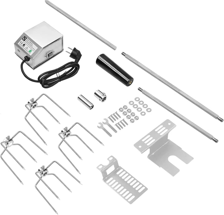 UISEBRT Grillspiess Set 107cm Edelstahl Drehspiess mit Motor, 220V - 240V, inkl. 4X Fleischnadeln El