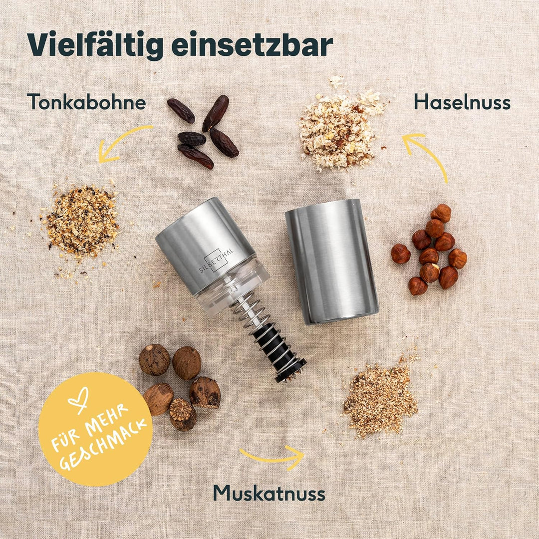 SILBERTHAL Muskatnuss Mühle für fein gemahlene Muskatnuss - Muskatreibe mit Aufbewahrung aus Edelsta