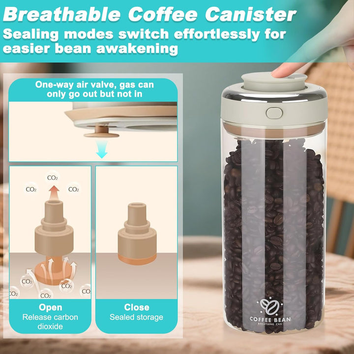 1.7L Luftdicht Kaffeedose mit Auslassventil & Datumsanzeige, Vakuum Kaffeebohnen Behälter, Transpare