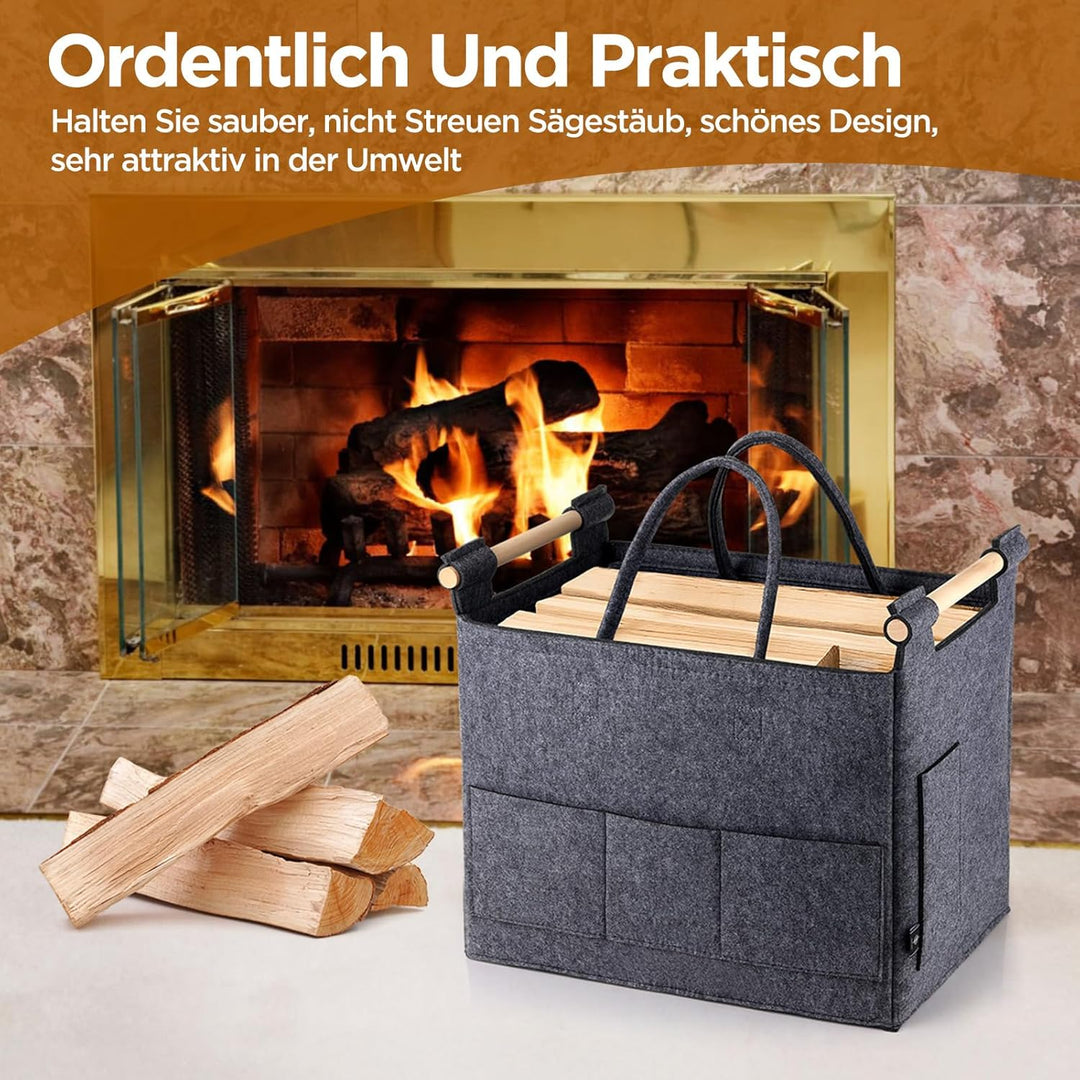 Filzkorb für Brennholz, 44x25x34 cm, Faltbar mit Verstärkten Griffen, Grau (Grau), (Grau)