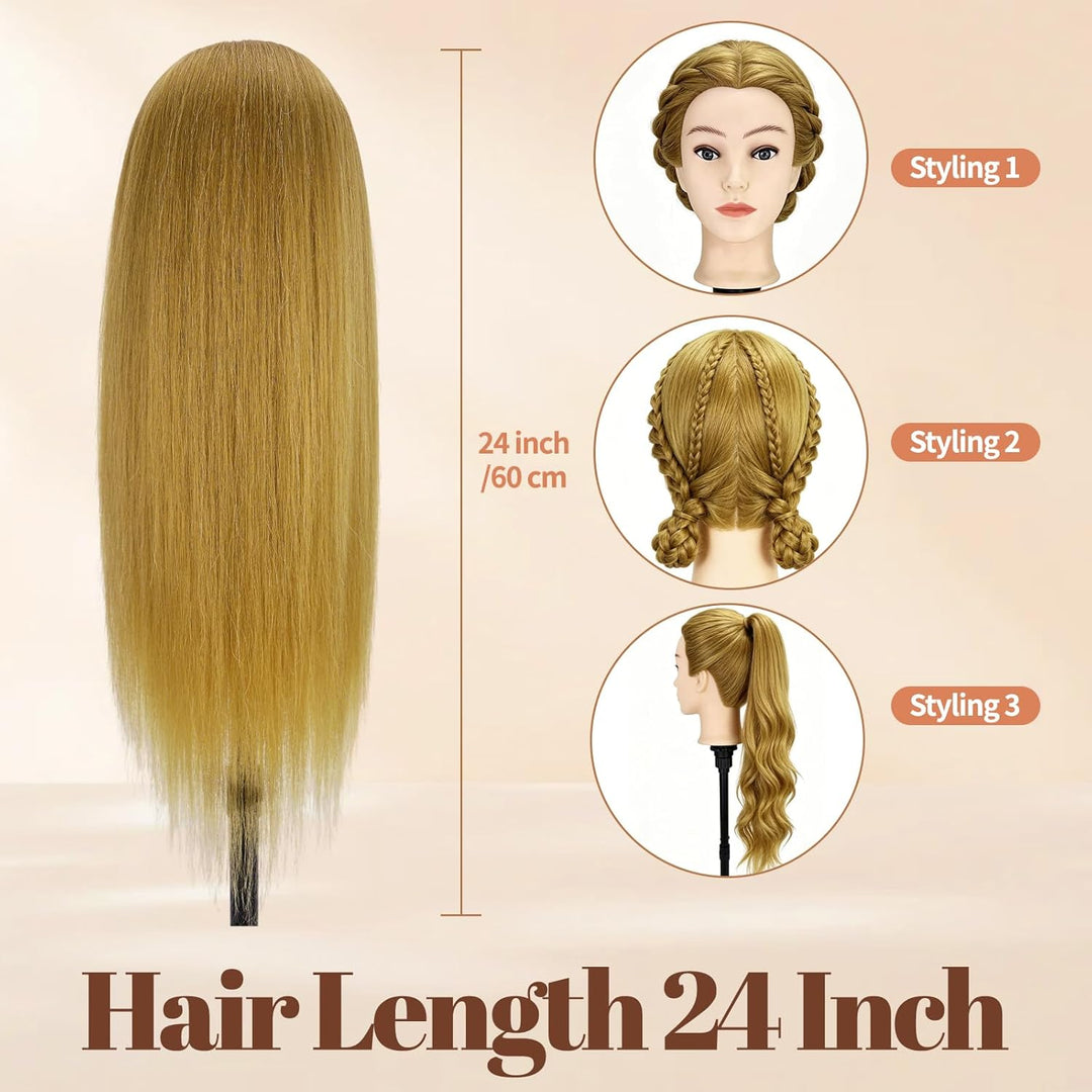 Yofuly 24Zoll / 61cm Frisierkopf mit Ohrlöchern, 80% Echthaar Übungskopf, Frisieren Trainingsköpfe P