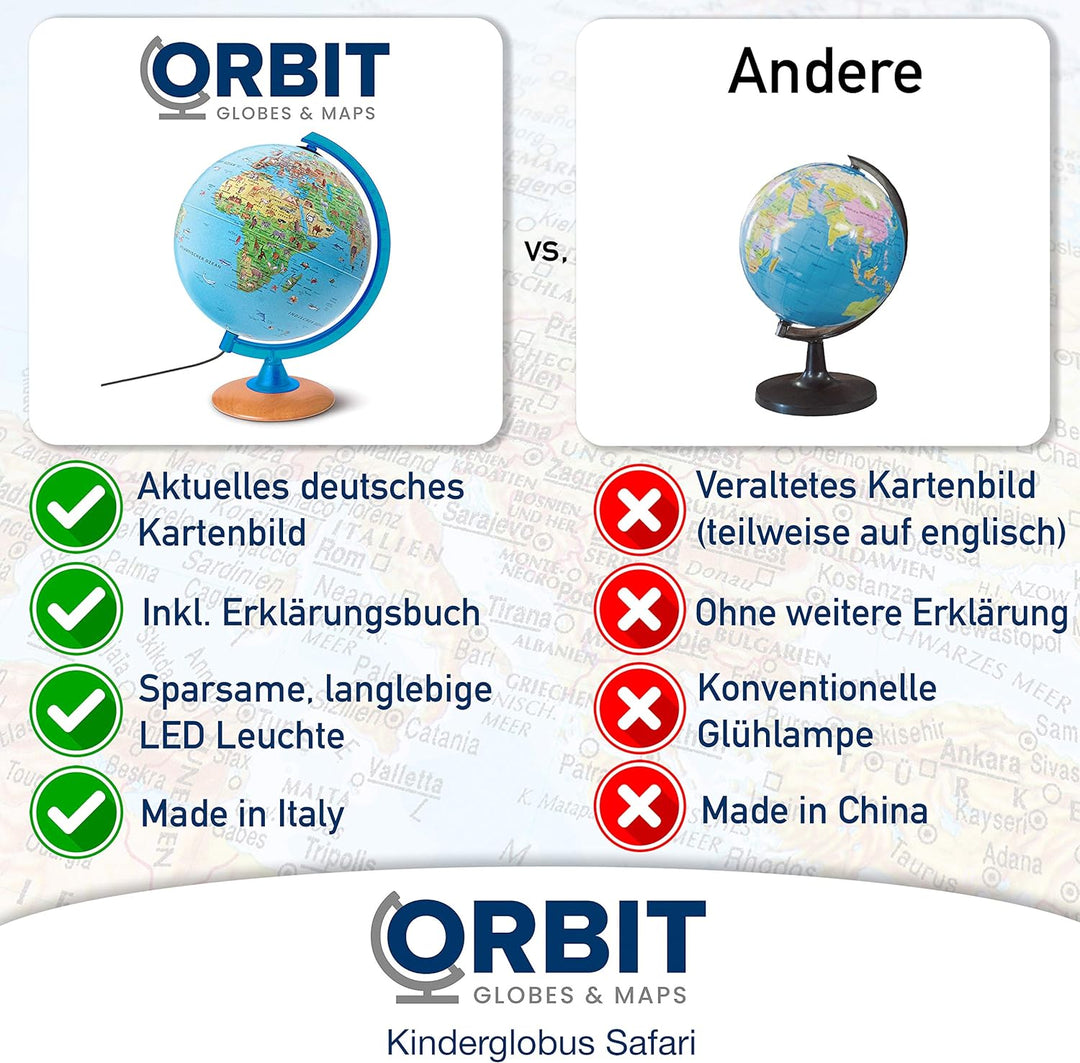 ORBIT GLOBES & MAPS Kinder-Globus - 25cm Globus mit Holzfuss, Deutsches Kartenbild von 2023 mit viel