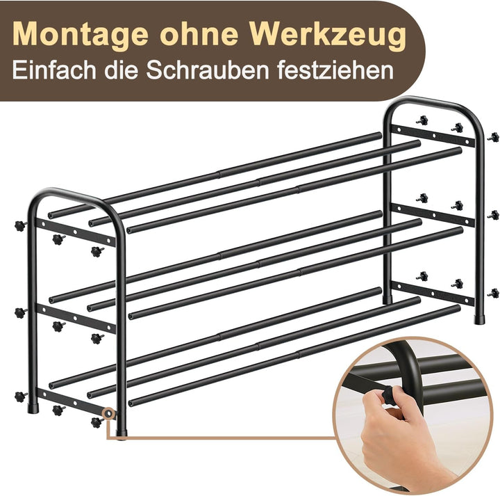 Schuhregal Schmal Platzsparend Ausziehbar 3 Ebenen, Schuhschrank Metall Schwarz, Breite 43-78 cm, fü