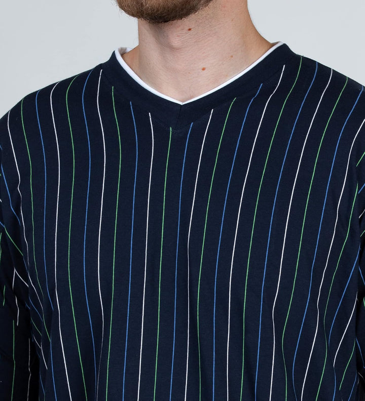 Herren Schlafanzug lang aus 100% Baumwolle mit V-Ausschnitt und Streifen-Design, Streifen-druck auf