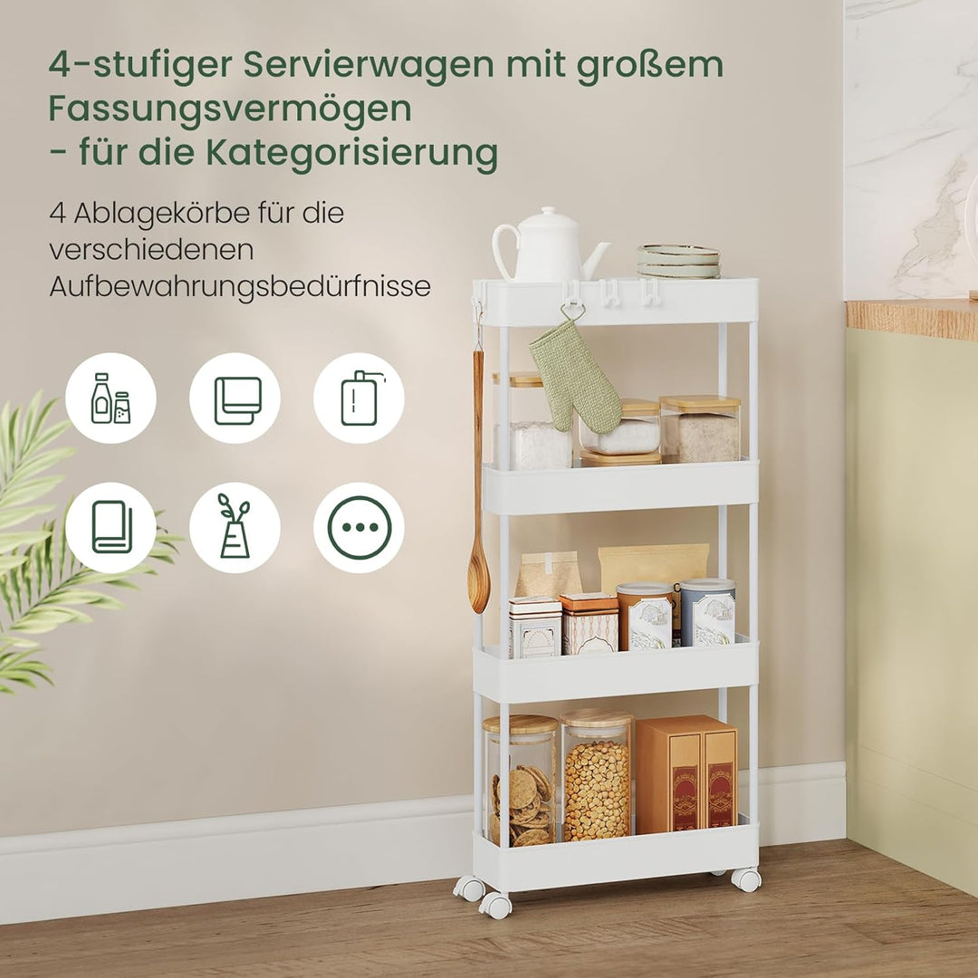 Servierwagen mit 4 Ebenen, Küchenwagen Nischenwagen Nischenregal mit Rollen, durchbrochendem Design,