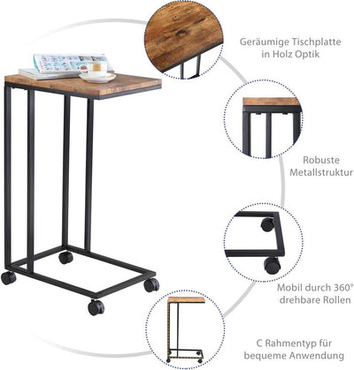 Casaria Beistelltisch Sofatisch mit Rollen Kaffeetisch Wohnzimmer Bettisch Industrie-Design Holz Met