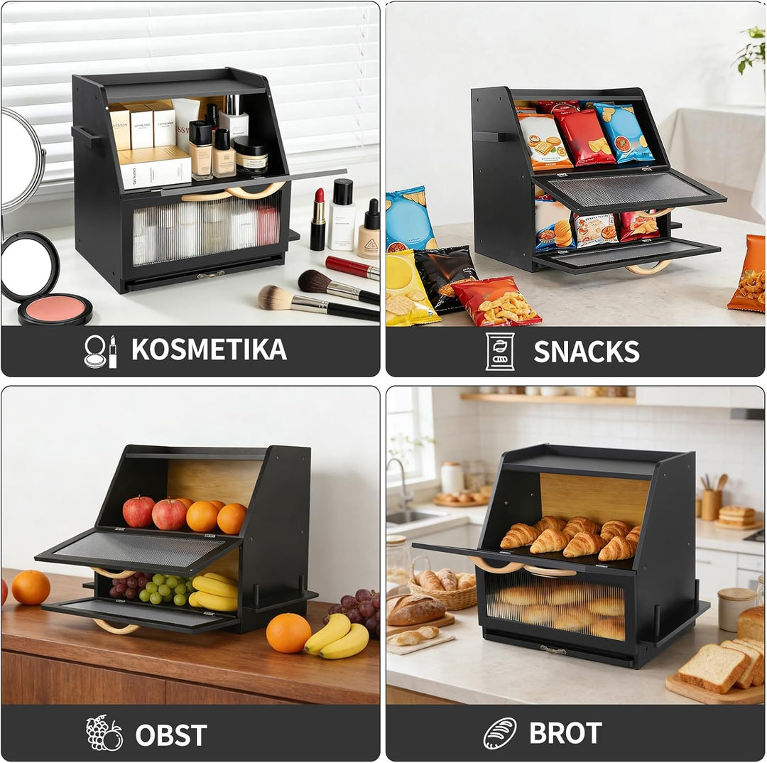 Brotkasten Bambus, Doppelte Schicht Brotbox mit Schneidebrett und Sichtfenster, Brot Aufbewahrungsbo