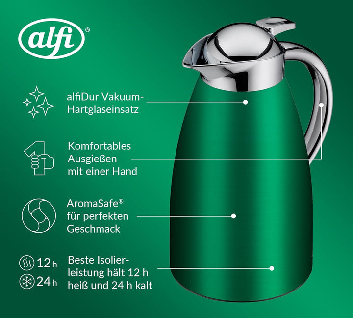 alfi SIGNO 1.0l, satin grün, Edelstahl-Isolierkanne mit hygienischem Hartglaseinsatz, Drehverschluss
