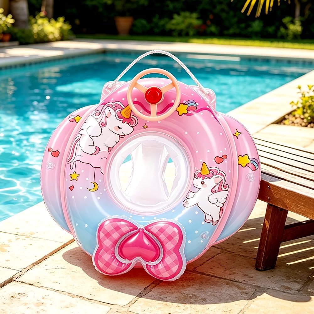 Baby Schwimmring Einhorn, Baby Schwimmhilfen, mit Lenkrad und Sitz, Einhorn Aufblasbarer Schwimmring