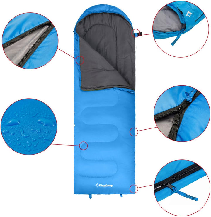 KingCamp Oasis Schlafsack, 3 Jahreszeiten, warm, bequem, leicht, tragbar, mit Kapuze, für drinnen un